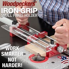 Iron-Grip Small Parts Holder with 3/4" hardwood cutting drawer front profile.