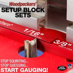 3/8" and 1/16" Setup Blocks stacked next to a router bit to measure depth of cut.