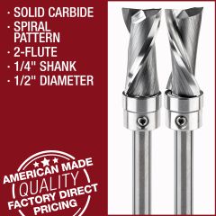 Solid Carbide Compact Spiral Pattern Router Bits, 2-Flute, 1/4" Shank.