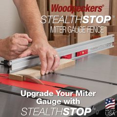 SawStop table saw in action with StealthStop Miter Gauge Fence cutting 1 x 6 to length.