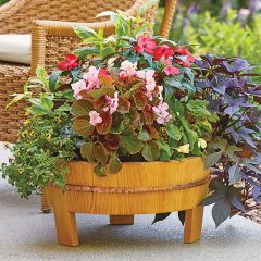 WS25426 This patio planter is made of cypress and has the appearance of an upcycled barrel.